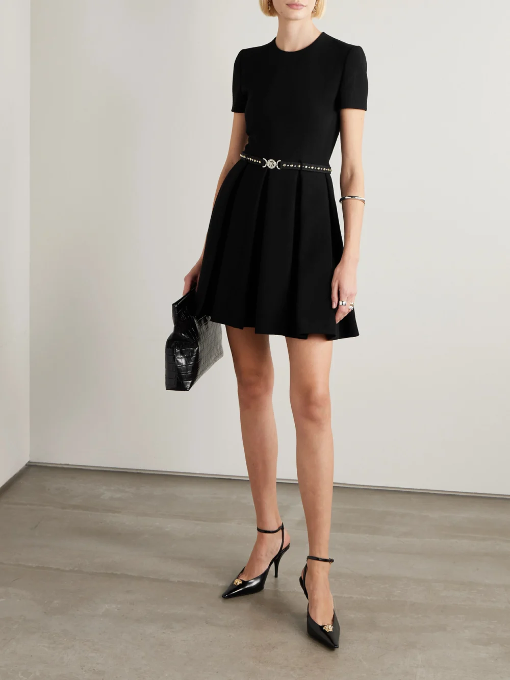 Versace Belted Wool-crepe Mini Dress, worn by a model