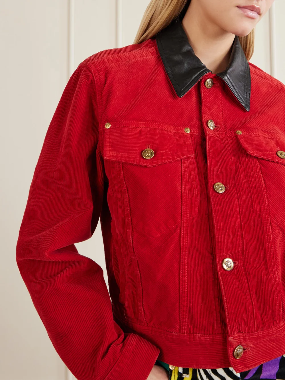 Close-up detail of the Versace Cotton-velvet Leather-trimmed Jacket