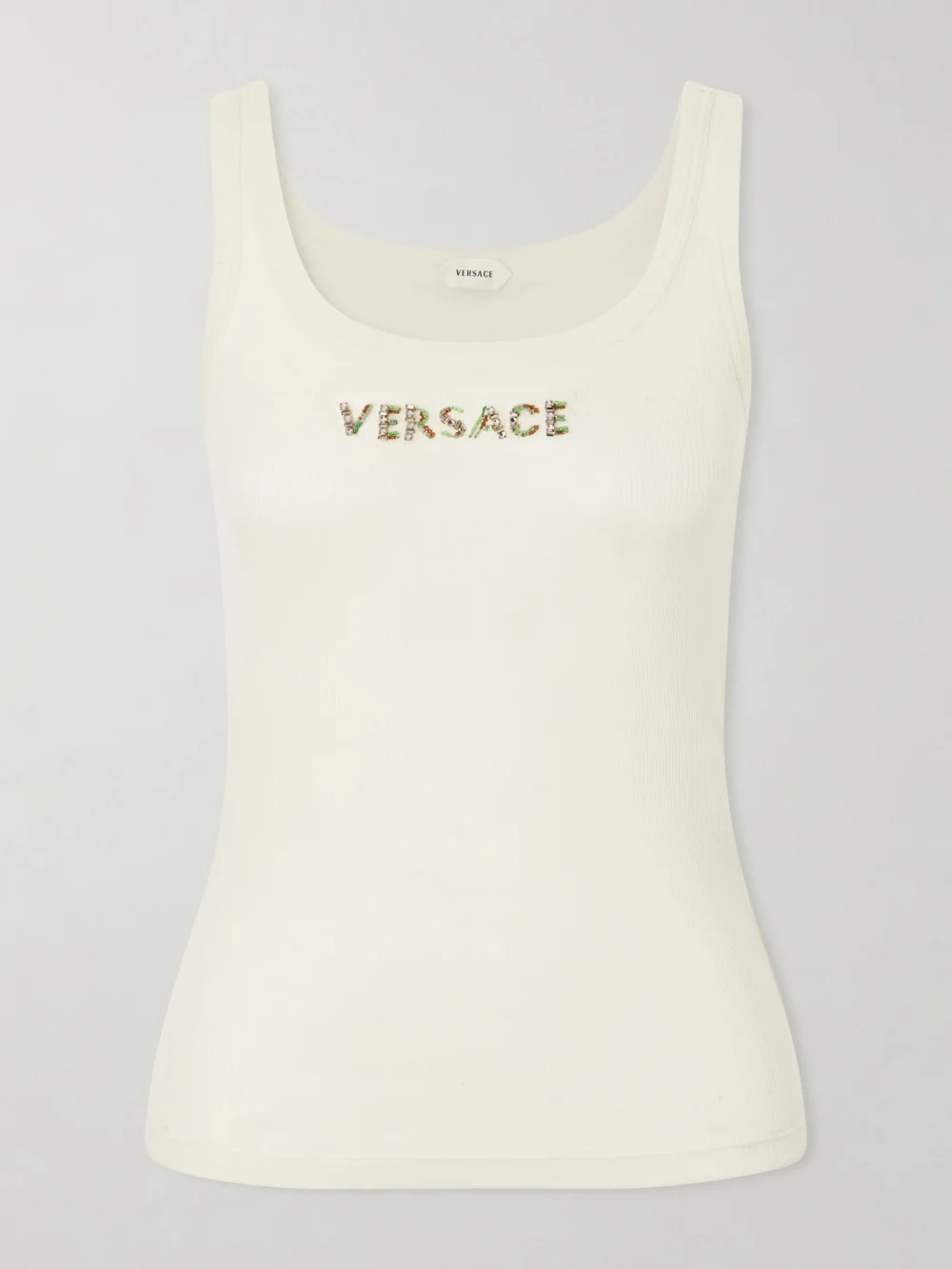 Versace Crystal and Bead-embellished Logo-embroidered Wool Tank in cream