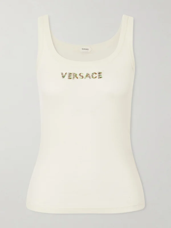 Versace Crystal and Bead-embellished Logo-embroidered Wool Tank