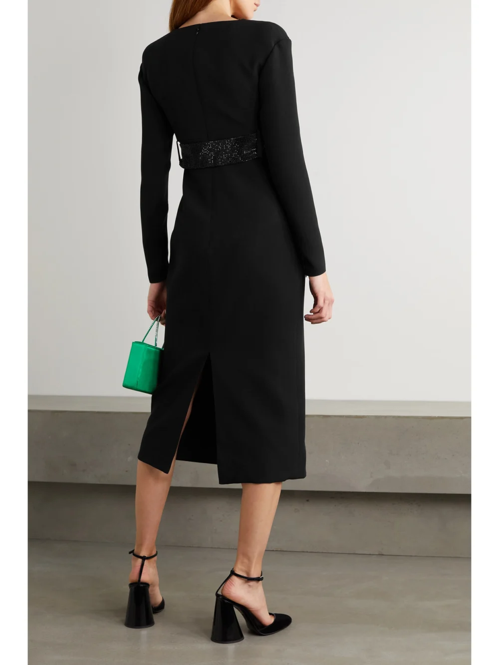 Back view of the Versace Crystal-embellished Belted Crepe Midi Dress