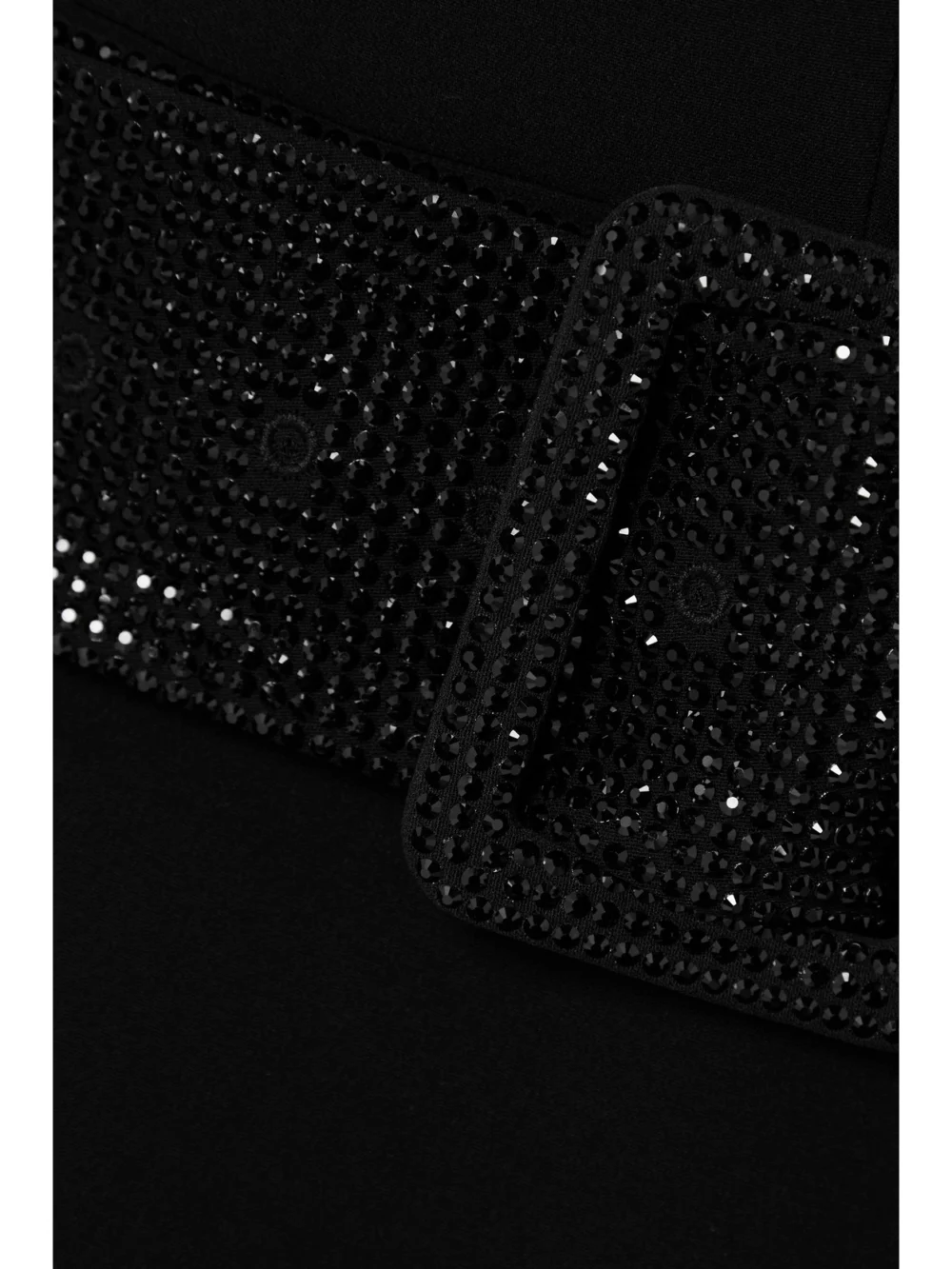 Close-up detail of the Versace Crystal-embellished Belted Crepe Midi Dress