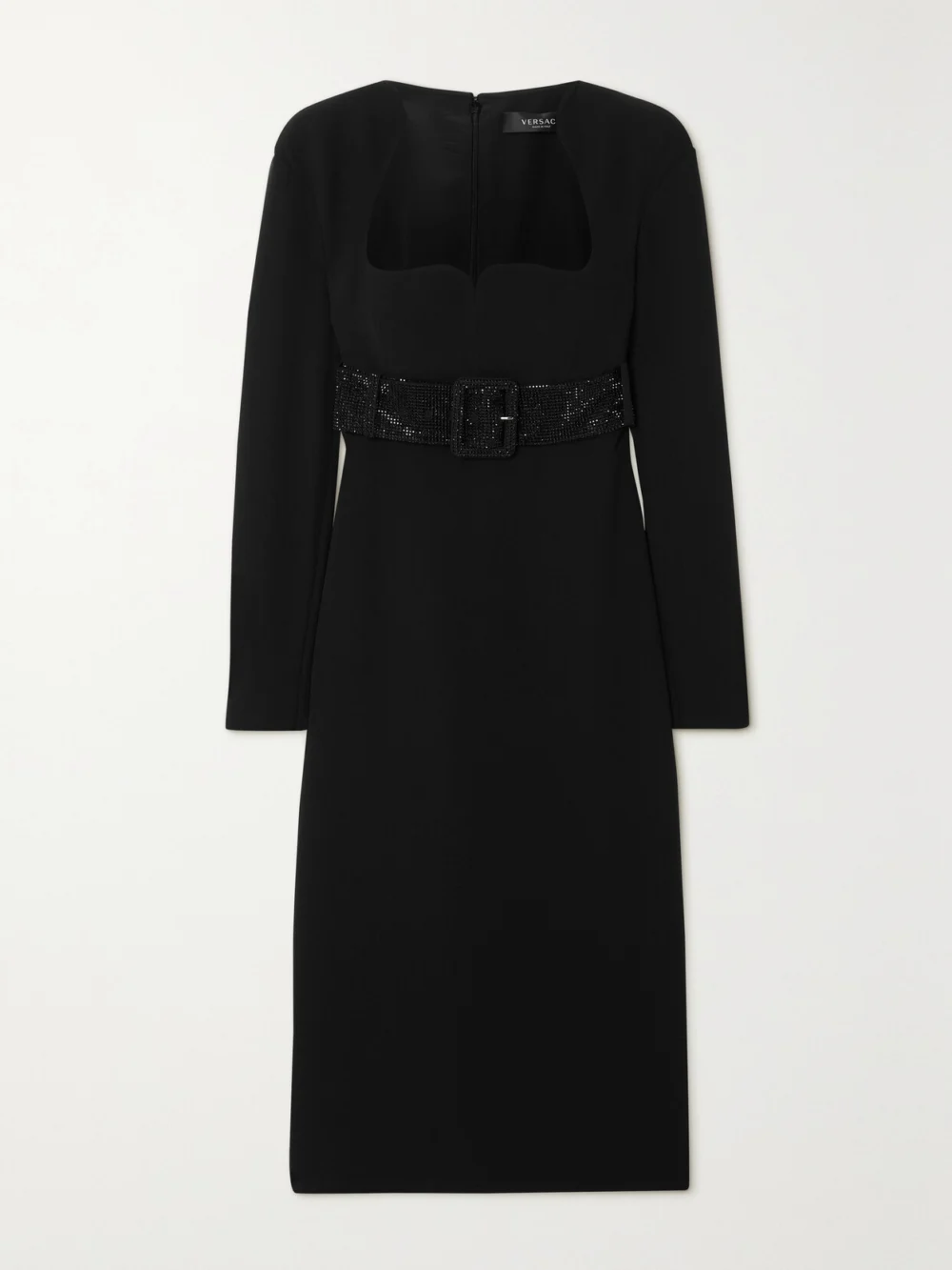 Versace Crystal-embellished Belted Crepe Midi Dress in black