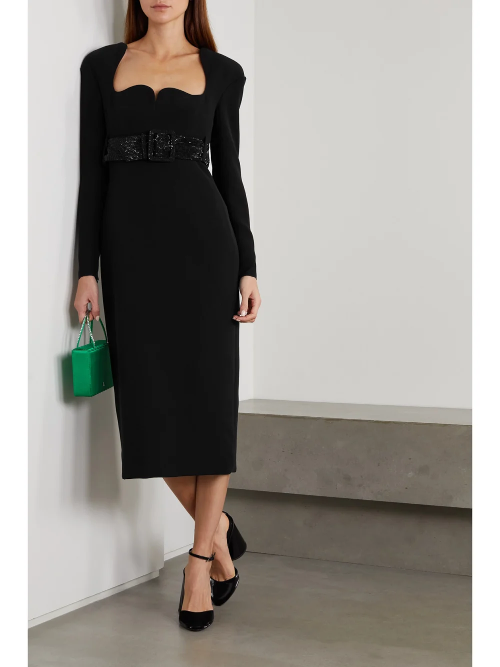 Versace Crystal-embellished Belted Crepe Midi Dress, worn by a model