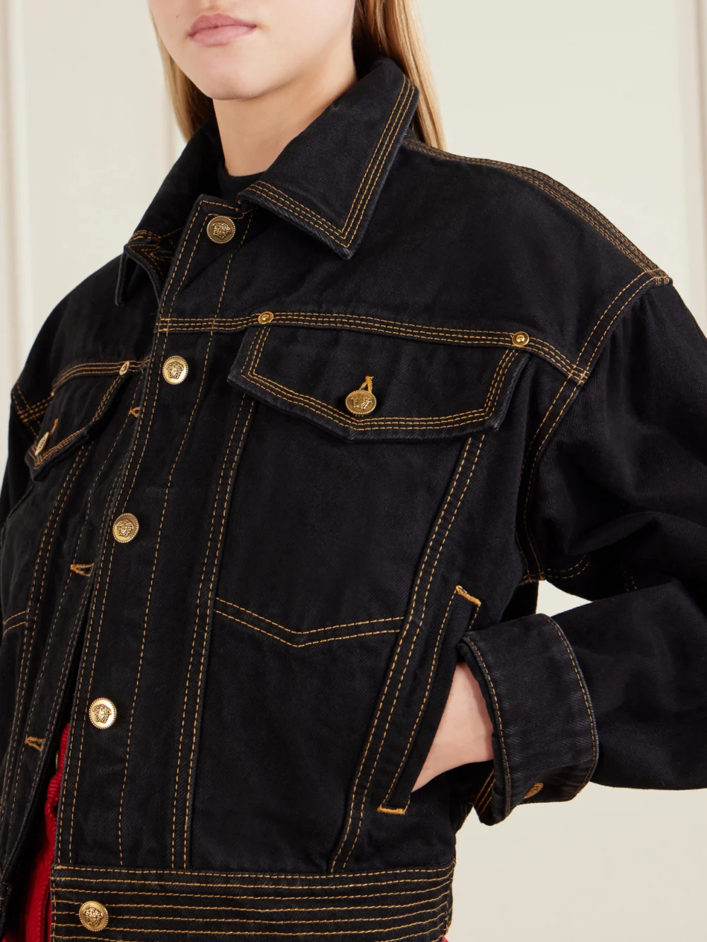 Close-up detail of the Versace Denim Jacket