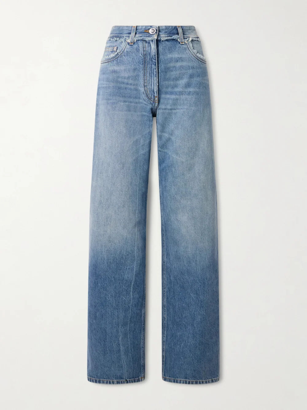 Versace Distressed Mid-rise Straight-leg Jeans in mid denim