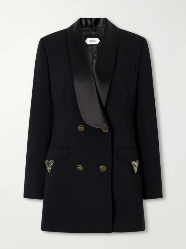 Versace Double-breasted Embellished Satin-trimmed Stretch-wool Mini Dress