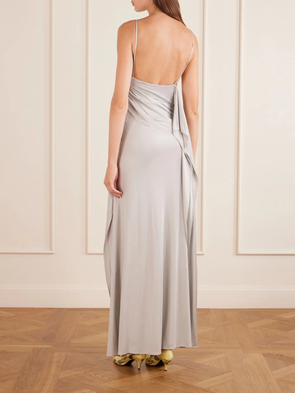 Back view of the Versace Draped Jersey Gown