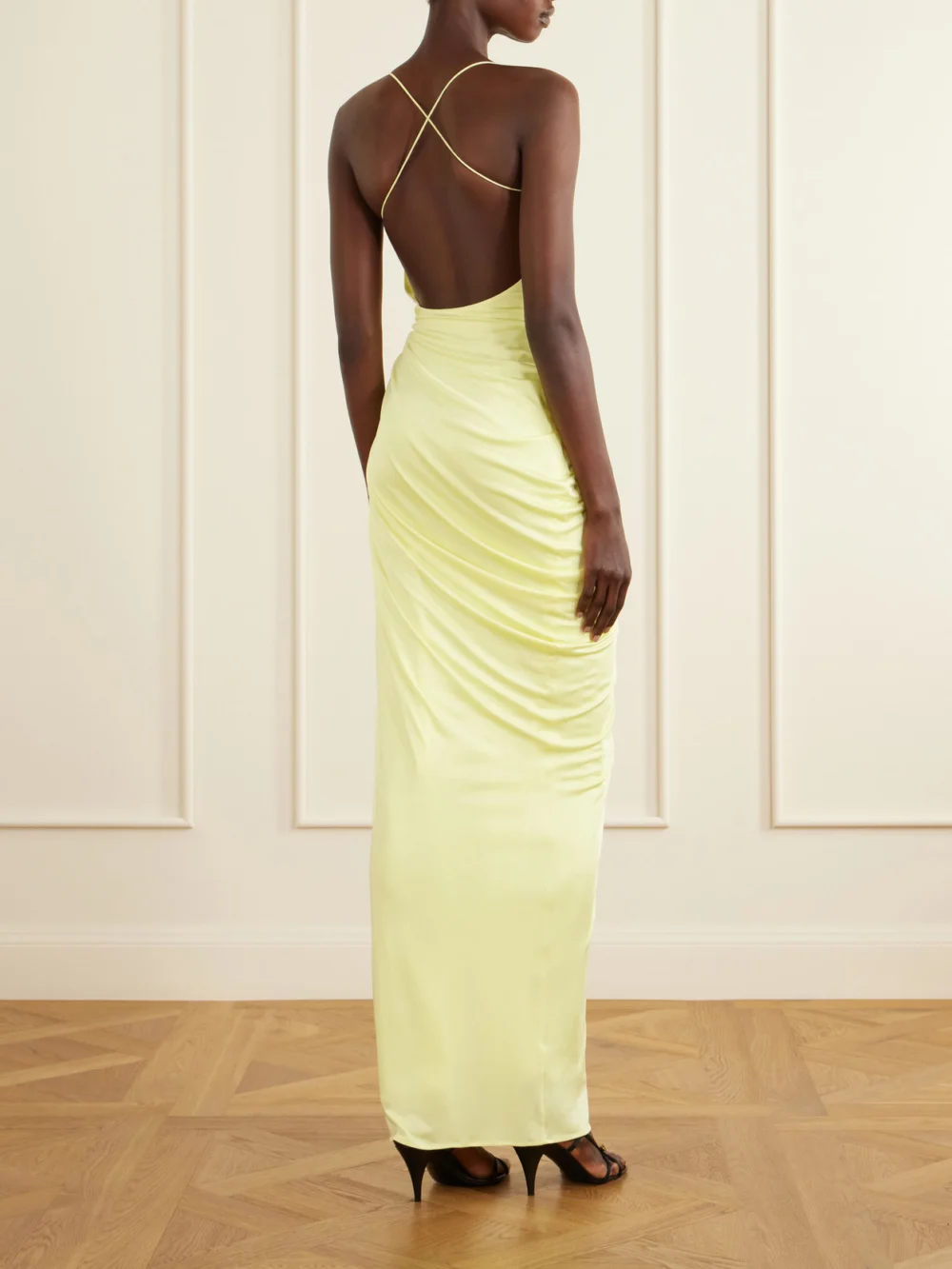 Back view of the Versace Draped Jersey Gown