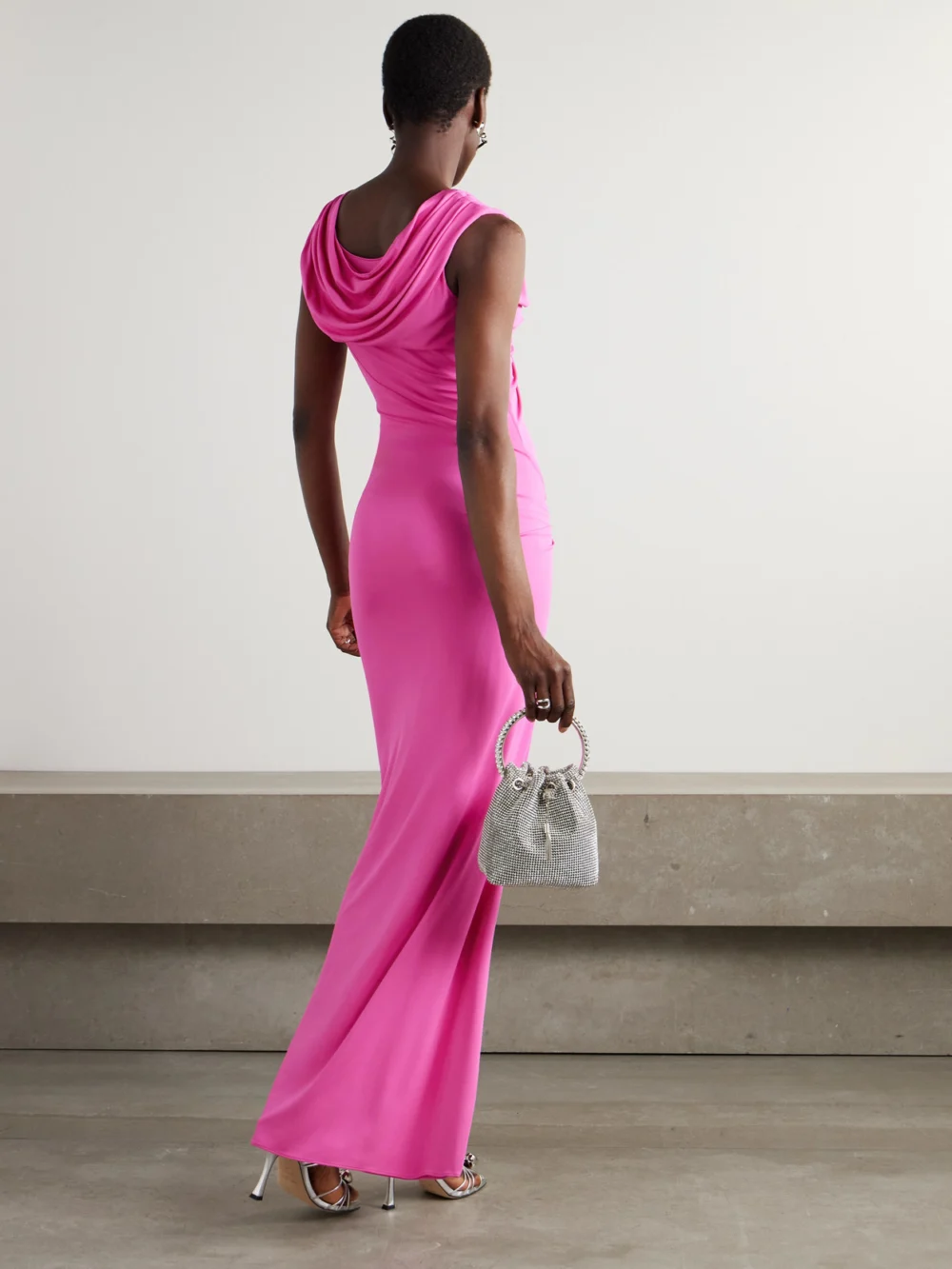 Back view of the Versace Embellished Draped Stretch-jersey Gown