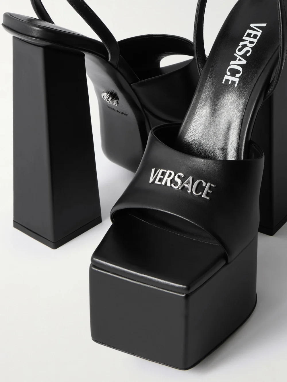 Close-up detail of the Versace Embellished Leather Platform Sandals