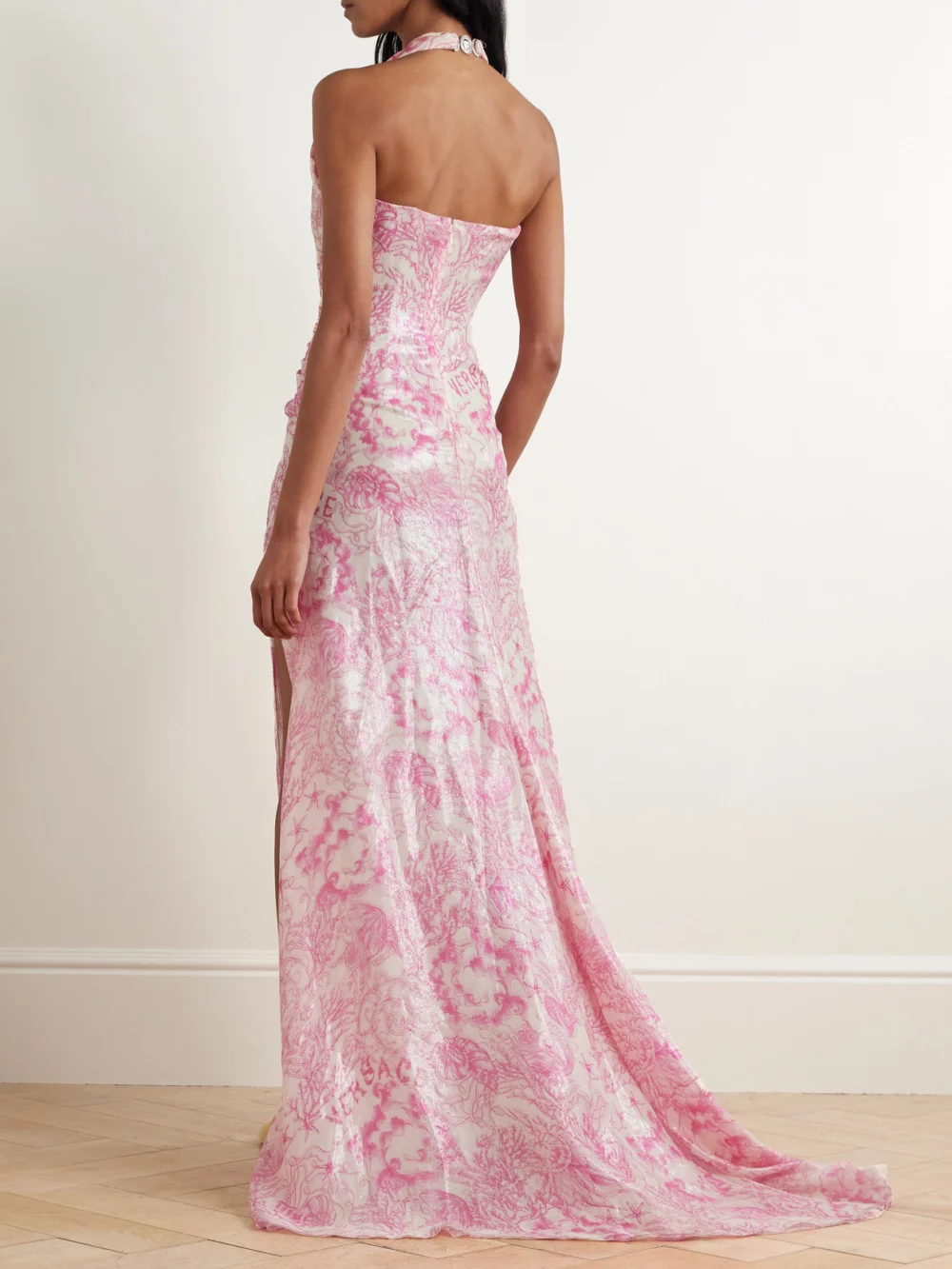 Back view of the Versace Embellished Metallic Printed Silk-blend Chiffon Gown