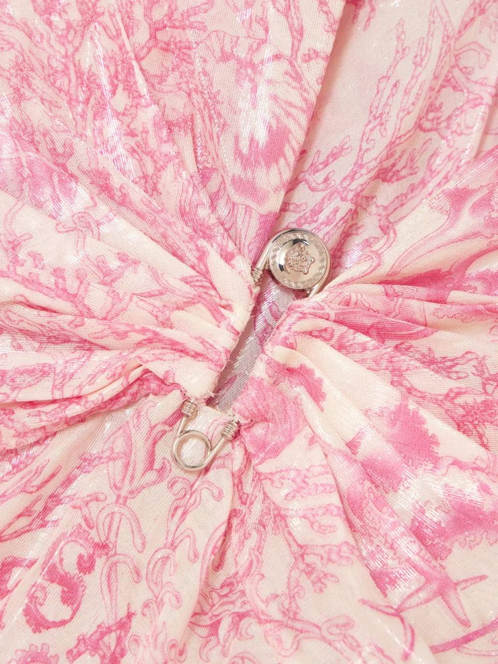Close-up detail of the Versace Embellished Metallic Printed Silk-blend Chiffon Gown