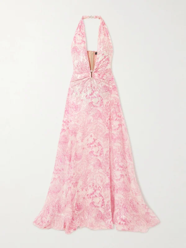 Versace Embellished Metallic Printed Silk-blend Chiffon Gown