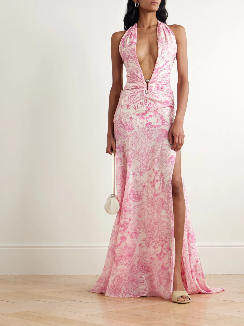 Versace Embellished Metallic Printed Silk-blend Chiffon Gown, worn by a model