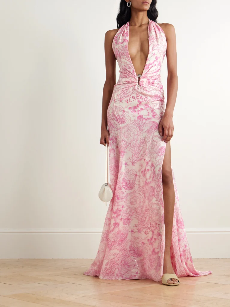 Versace Embellished Metallic Printed Silk-blend Chiffon Gown