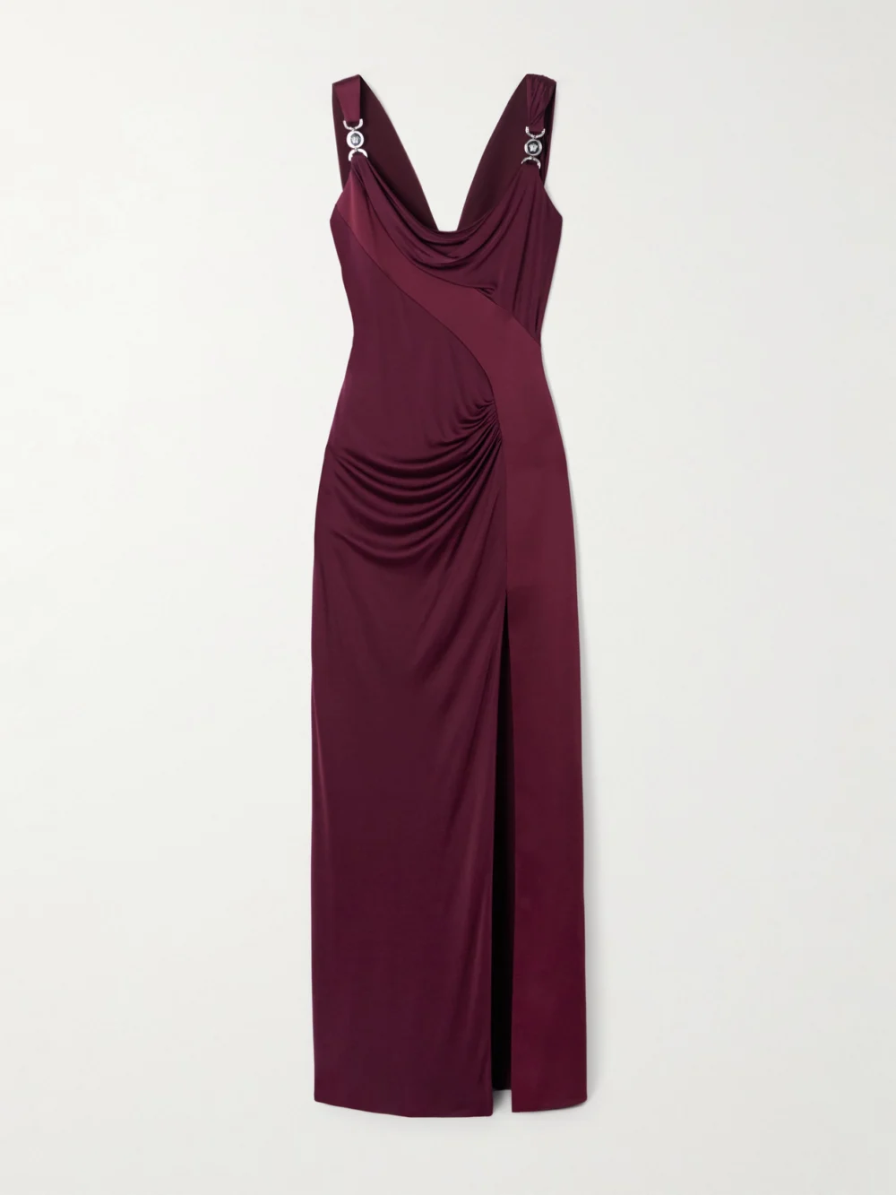 Versace Embellished Paneled Draped Satin-jersey Gown in burgundy