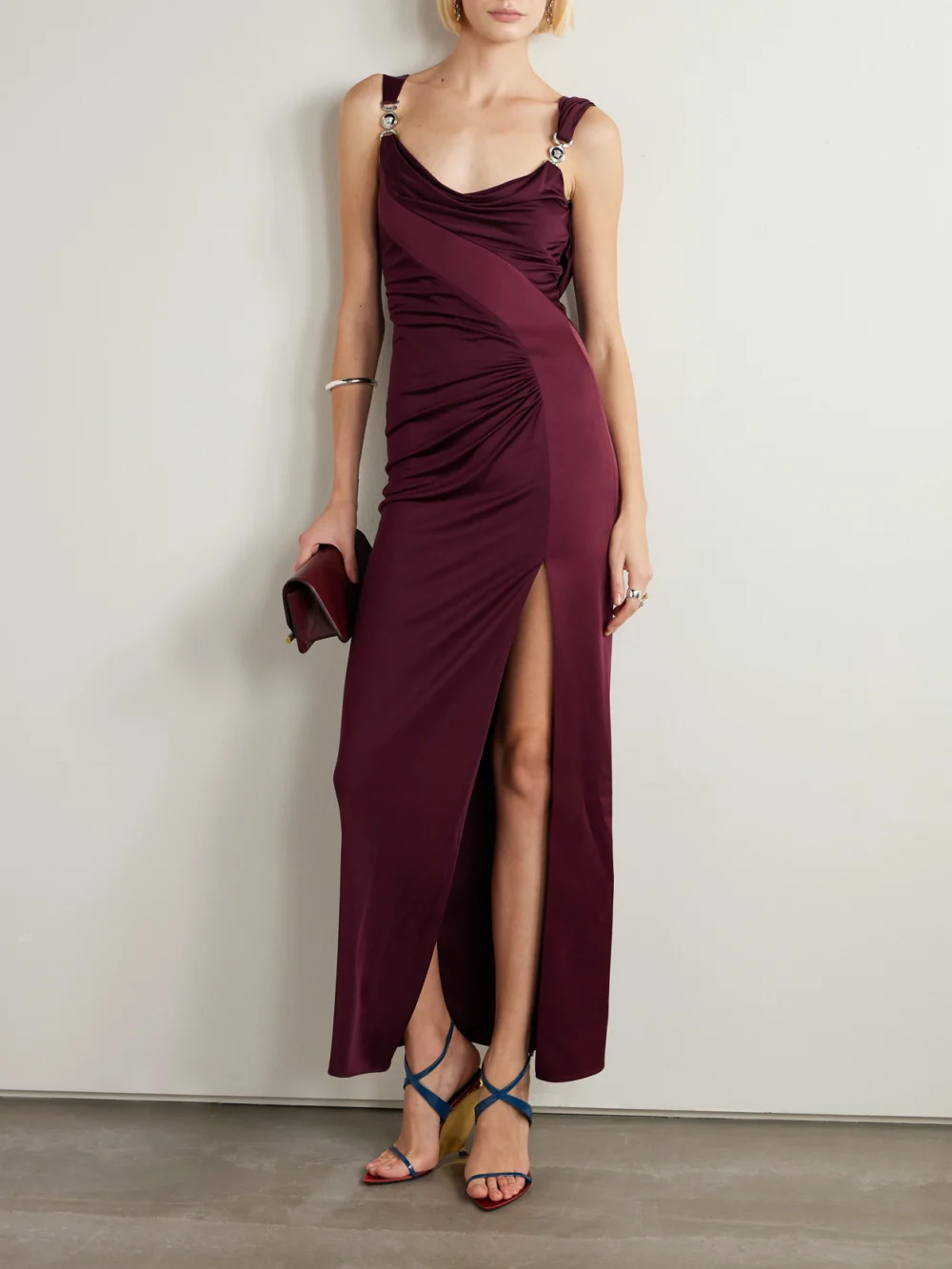 Versace Embellished Paneled Draped Satin-jersey Gown, worn by a model