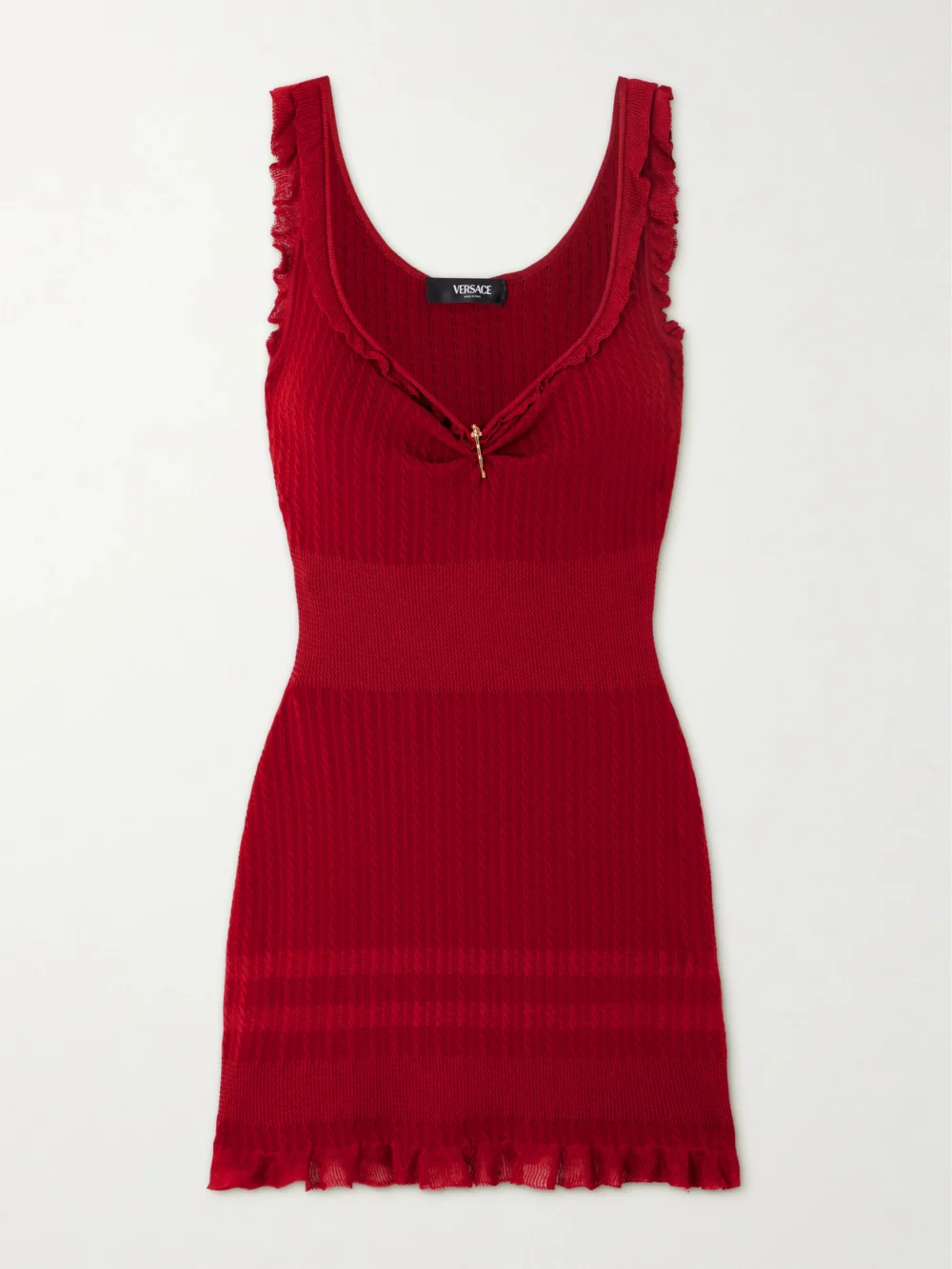 Versace Embellished Ruffled Cable-knit Wool-blend Mini Dress in red