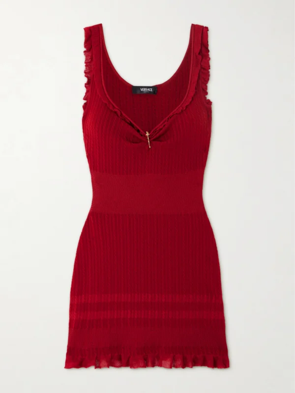 Versace Embellished Ruffled Cable-knit Wool-blend Mini Dress