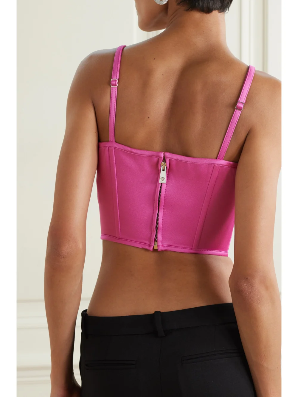 Back view of the Versace Embellished Satin Bustier Top