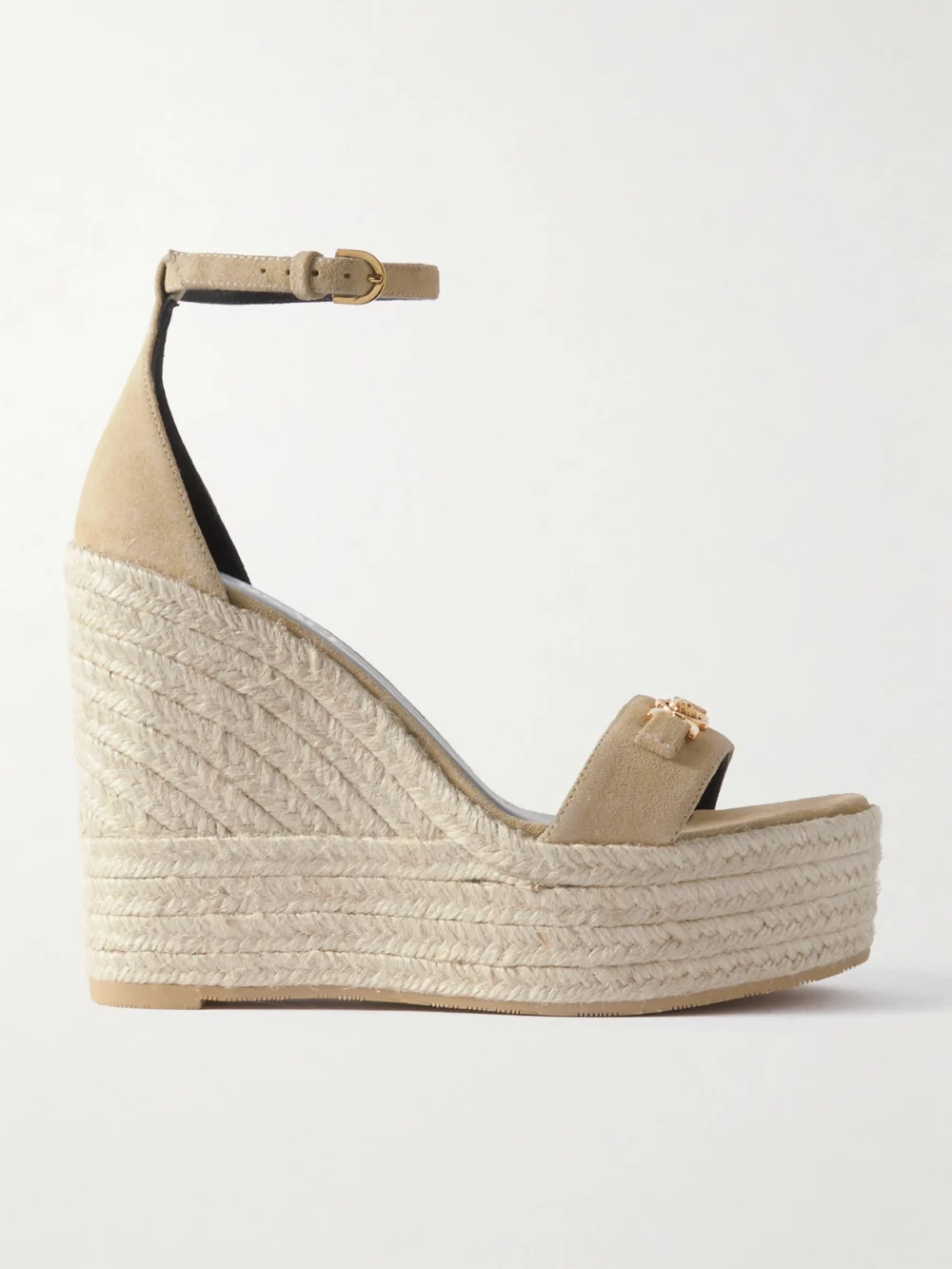 Versace Embellished Suede Espadrille Wedge Sandals in tan