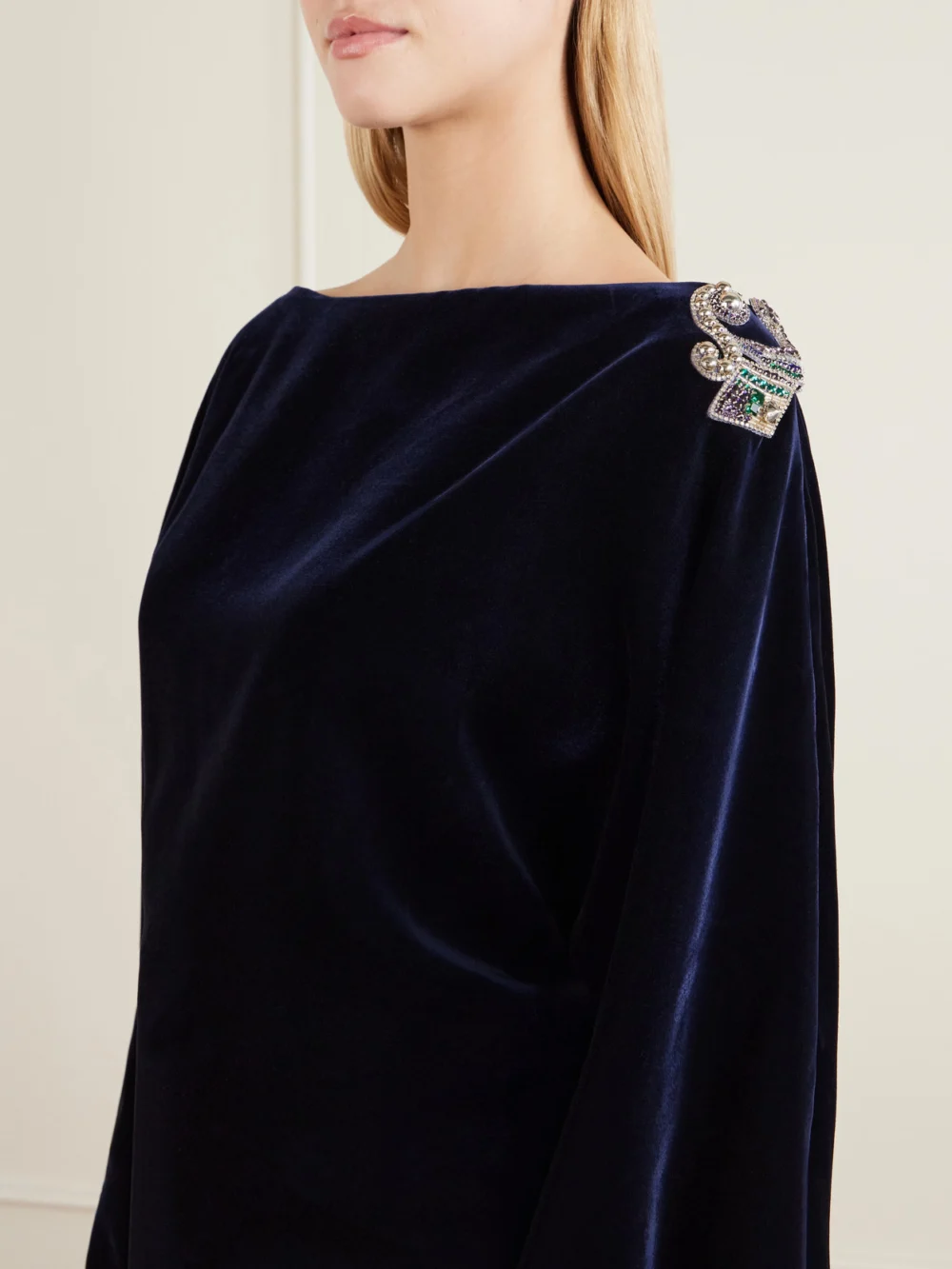 Close-up detail of the Versace Embellished Velvet Mini Dress