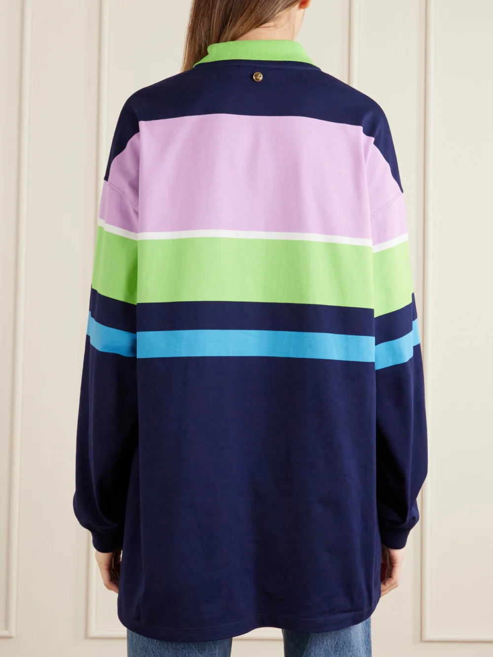 Back view of the Versace Embroidered Striped Cotton-jersey Sweater