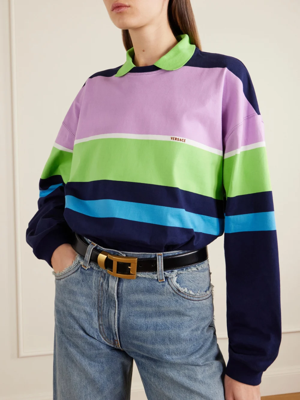 Versace Embroidered Striped Cotton-jersey Sweater, worn by a model