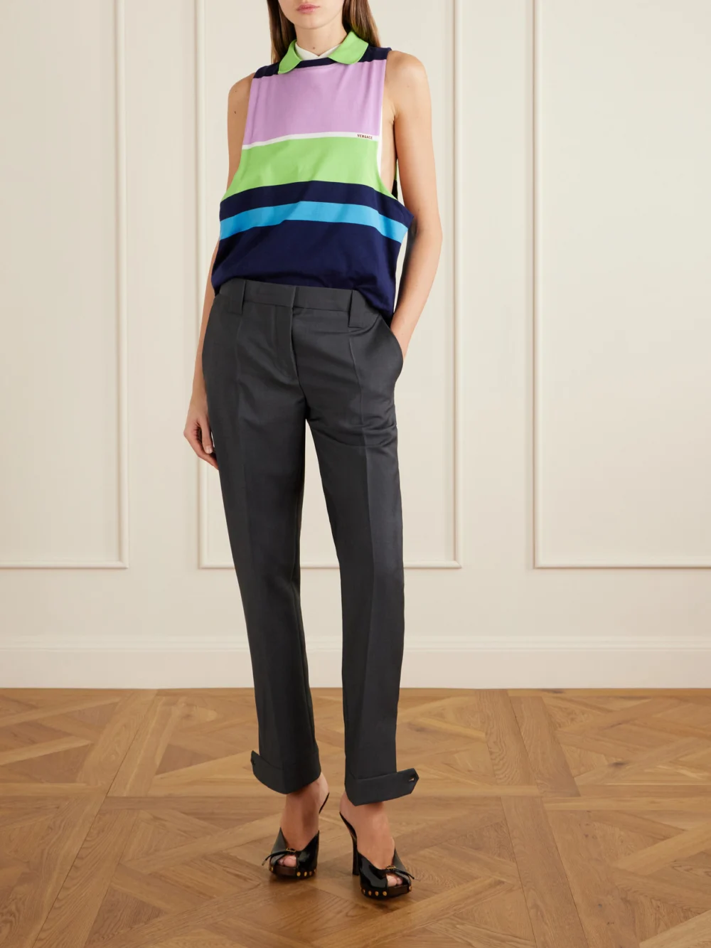 Versace Formal Mohair and Wool-blend Straight-leg Pants, worn by a model