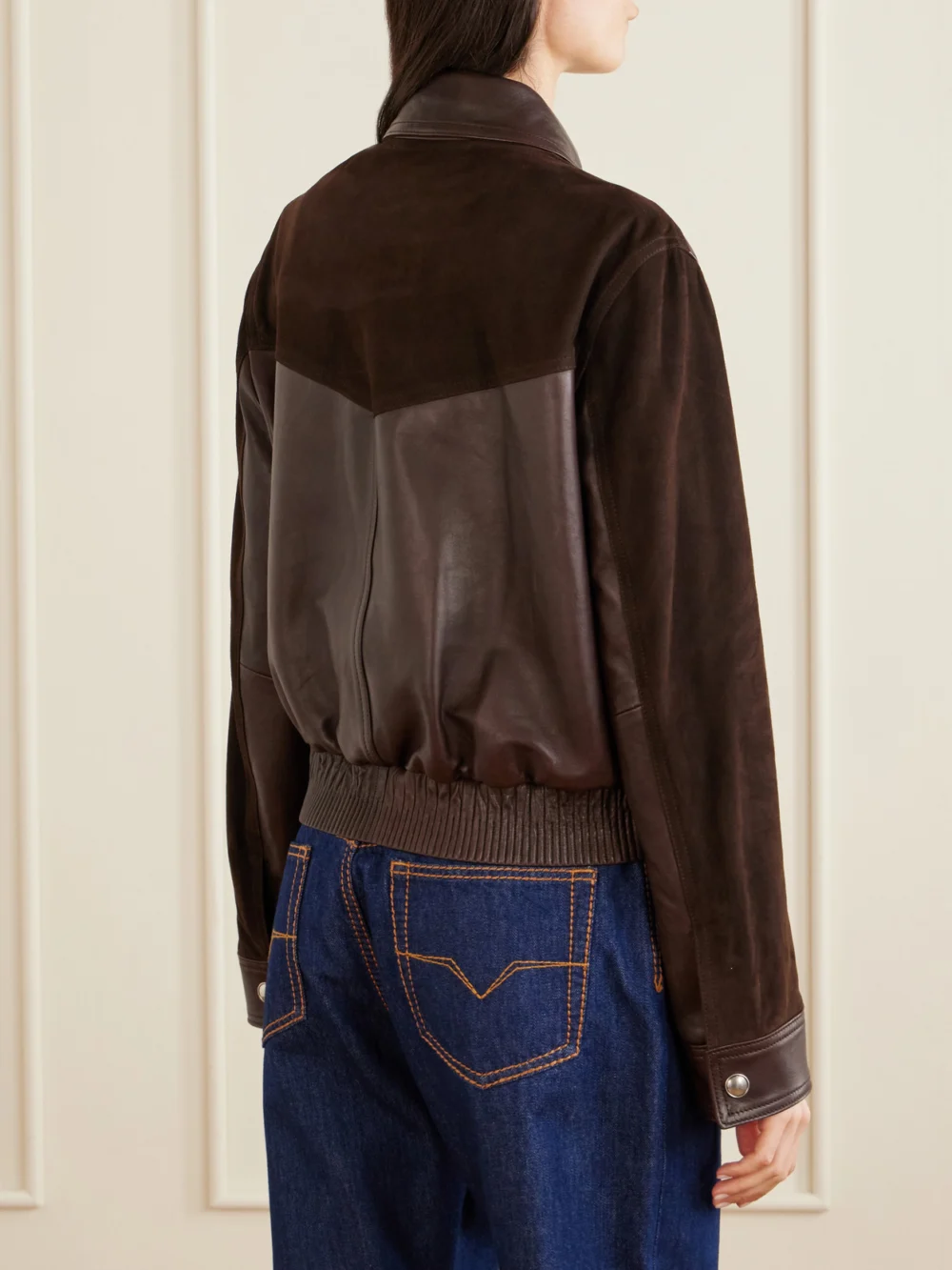 Back view of the Versace Greca-embossed Leather and Suede Jacket