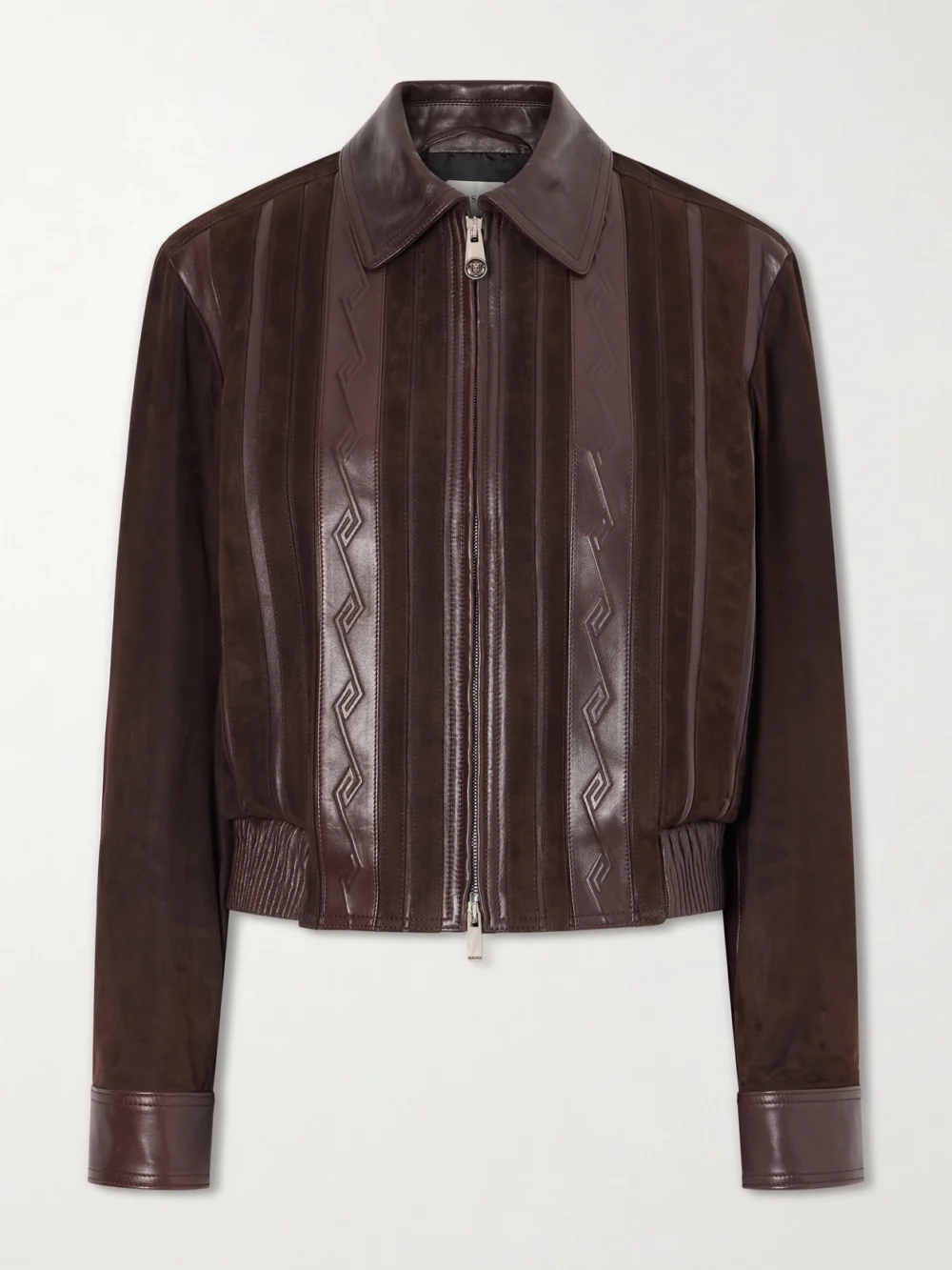Versace Greca-embossed Leather and Suede Jacket in brown