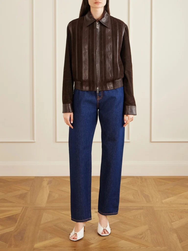 Versace Greca-embossed Leather and Suede Jacket