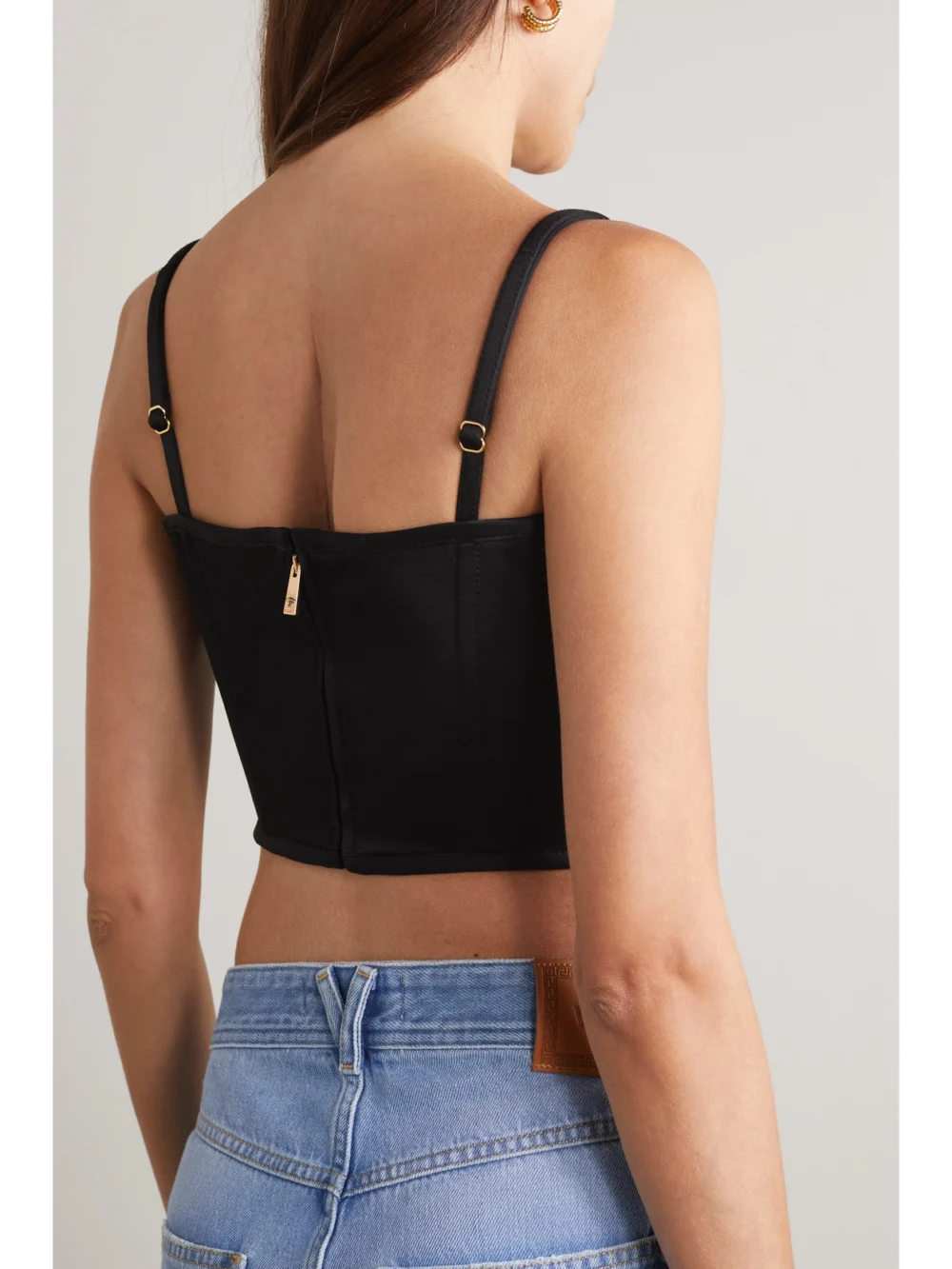 Back view of the Versace Icons Cropped Embellished Satin Bustier Top