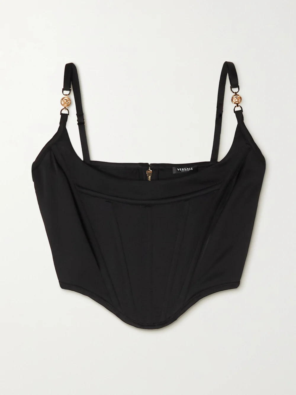 Versace Icons Cropped Embellished Satin Bustier Top in black