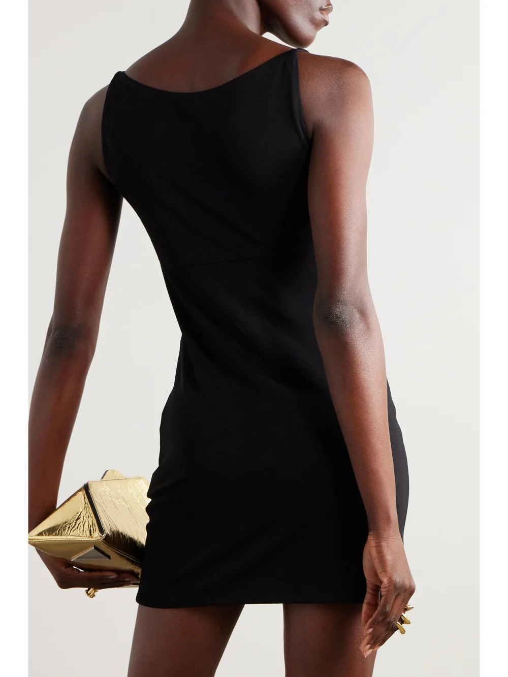 Back view of the Versace Icons Draped Crystal-embellished Jersey Mini Dress