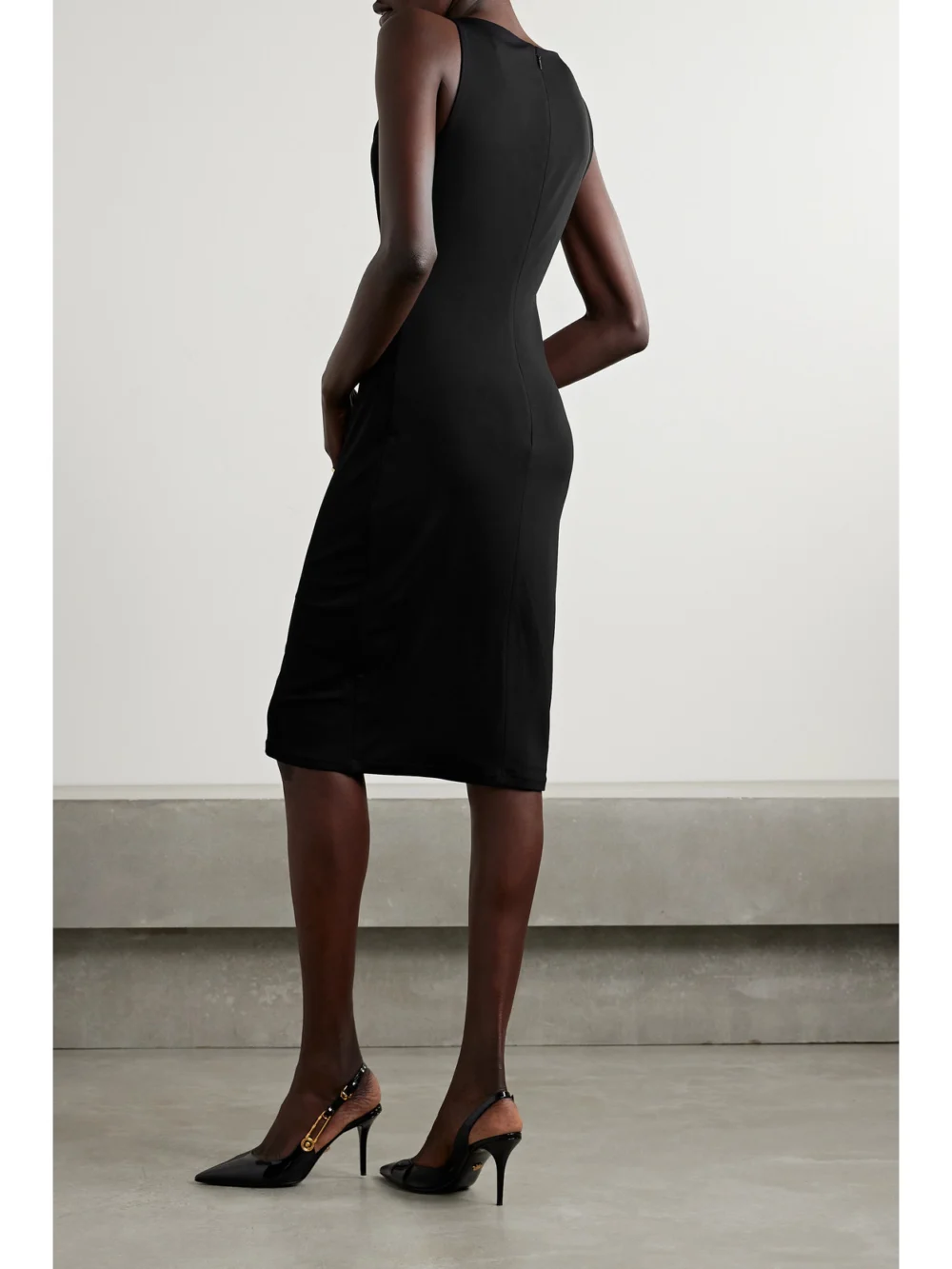 Back view of the Versace Icons Embellished Draped Jersey Dress
