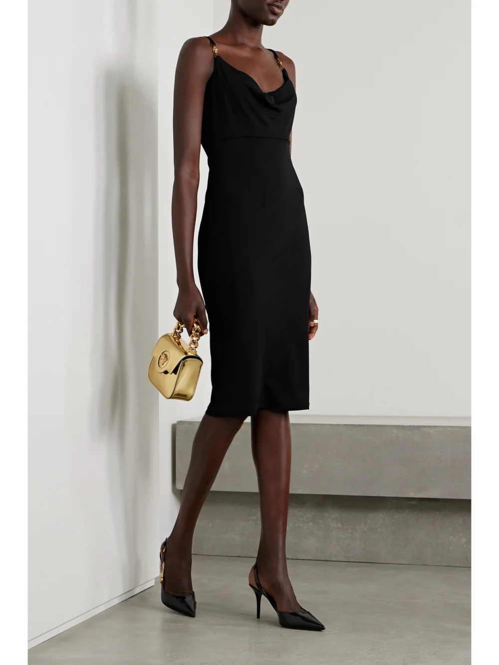 Versace Icons Embellished Draped Jersey Dress, worn by a model
