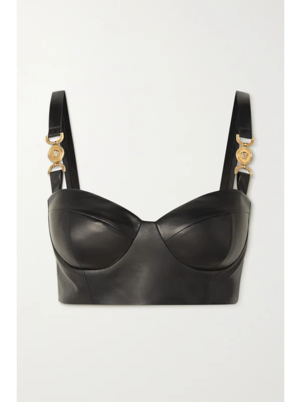 Versace Icons Embellished Jersey-panel Leather Bustier Top