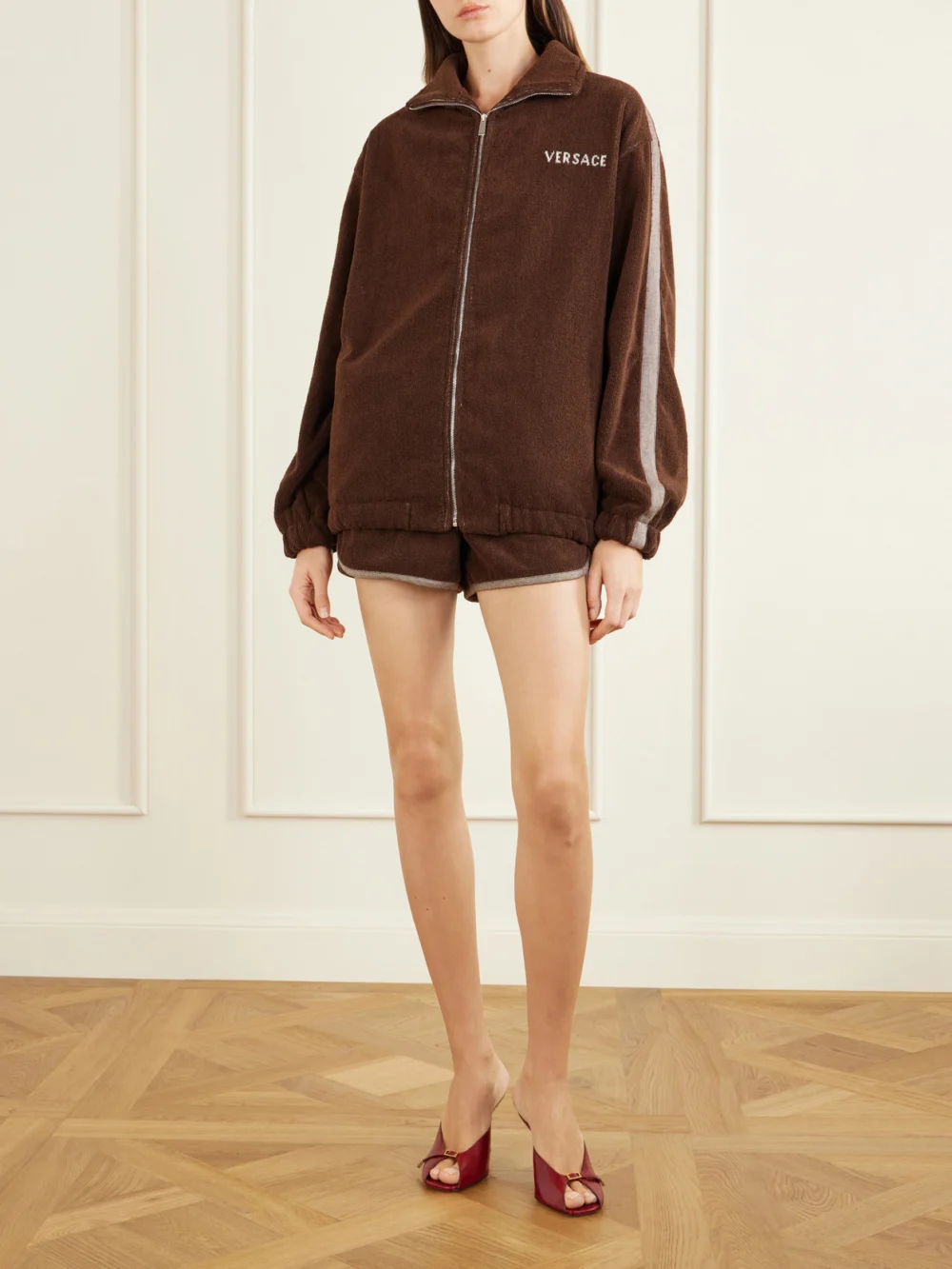 Versace Jacquard-knit Cotton-terry Shorts, worn by a model