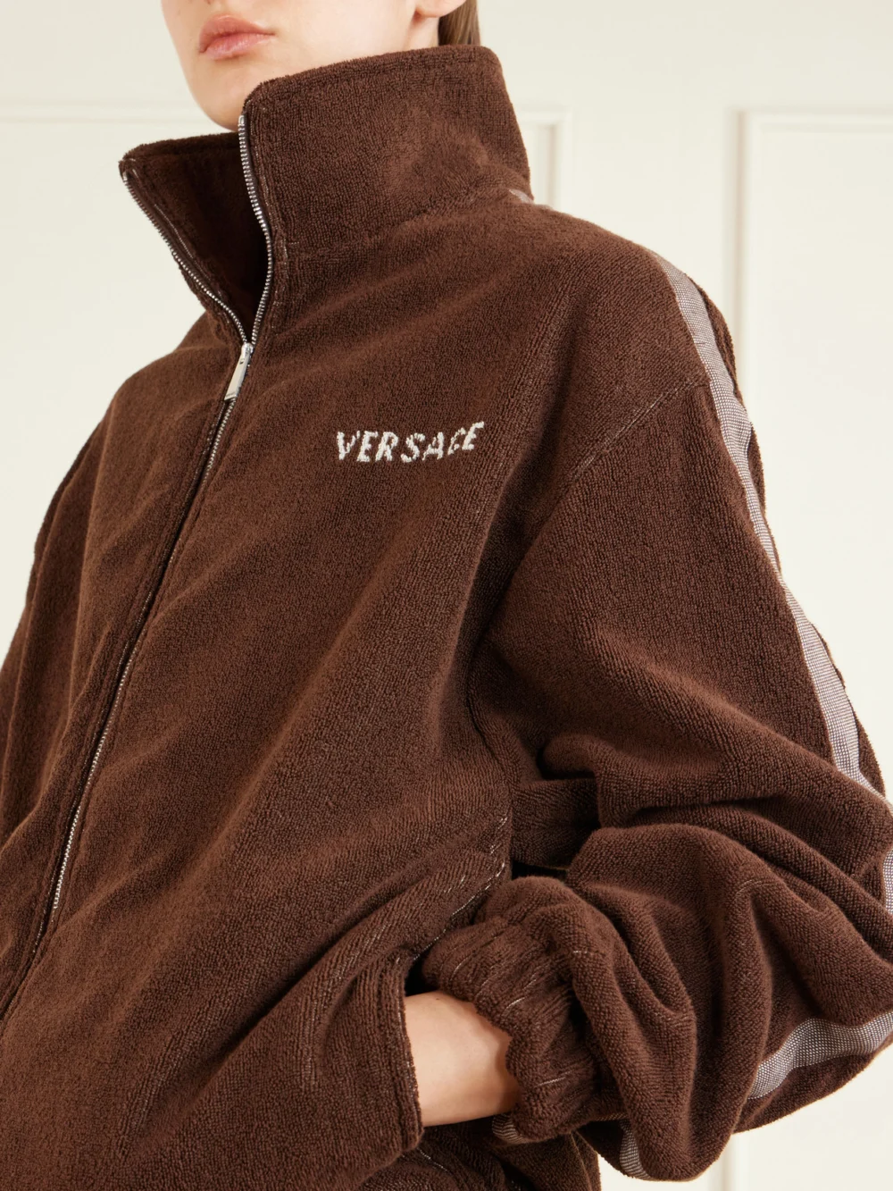 Close-up detail of the Versace Jacquard-knit Cotton-terry Zip-up Track Jacket