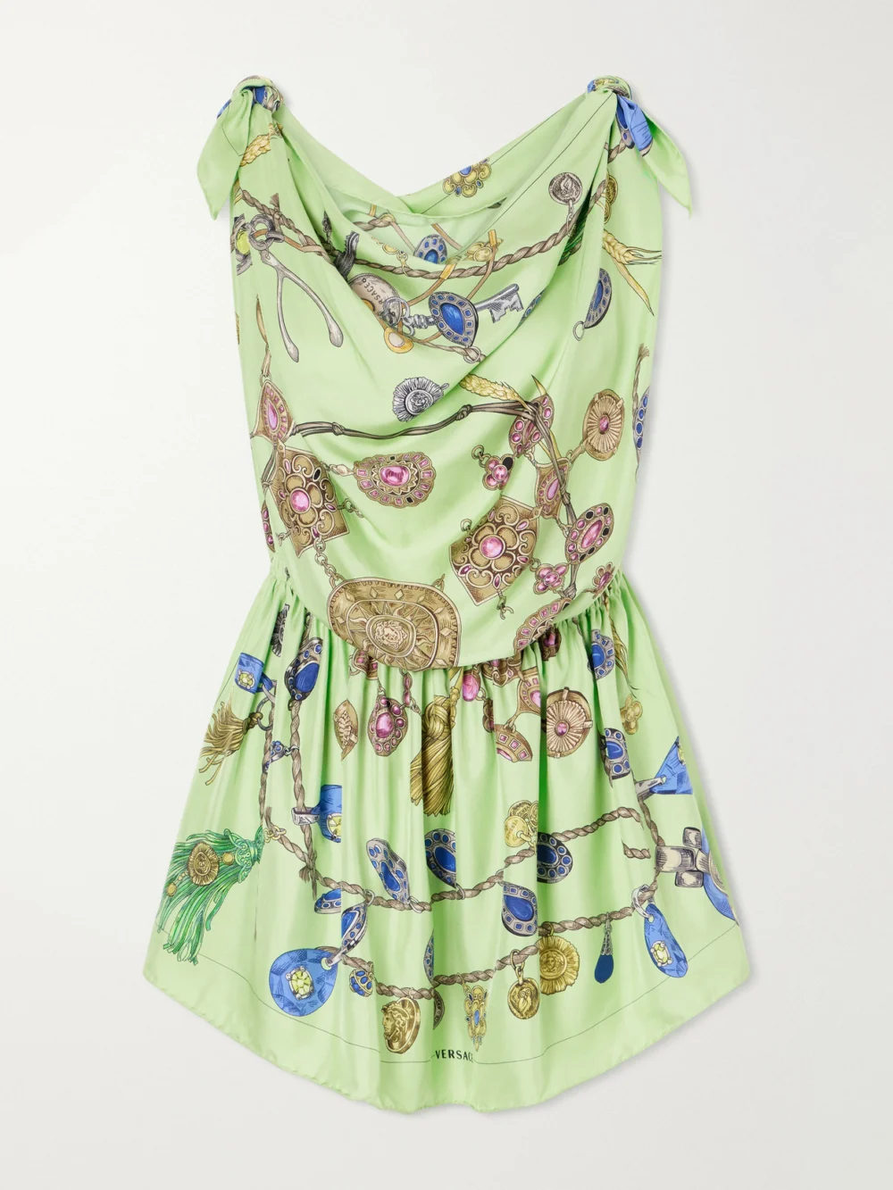 Versace Knotted Draped Printed Silk-twill Mini Dress in green