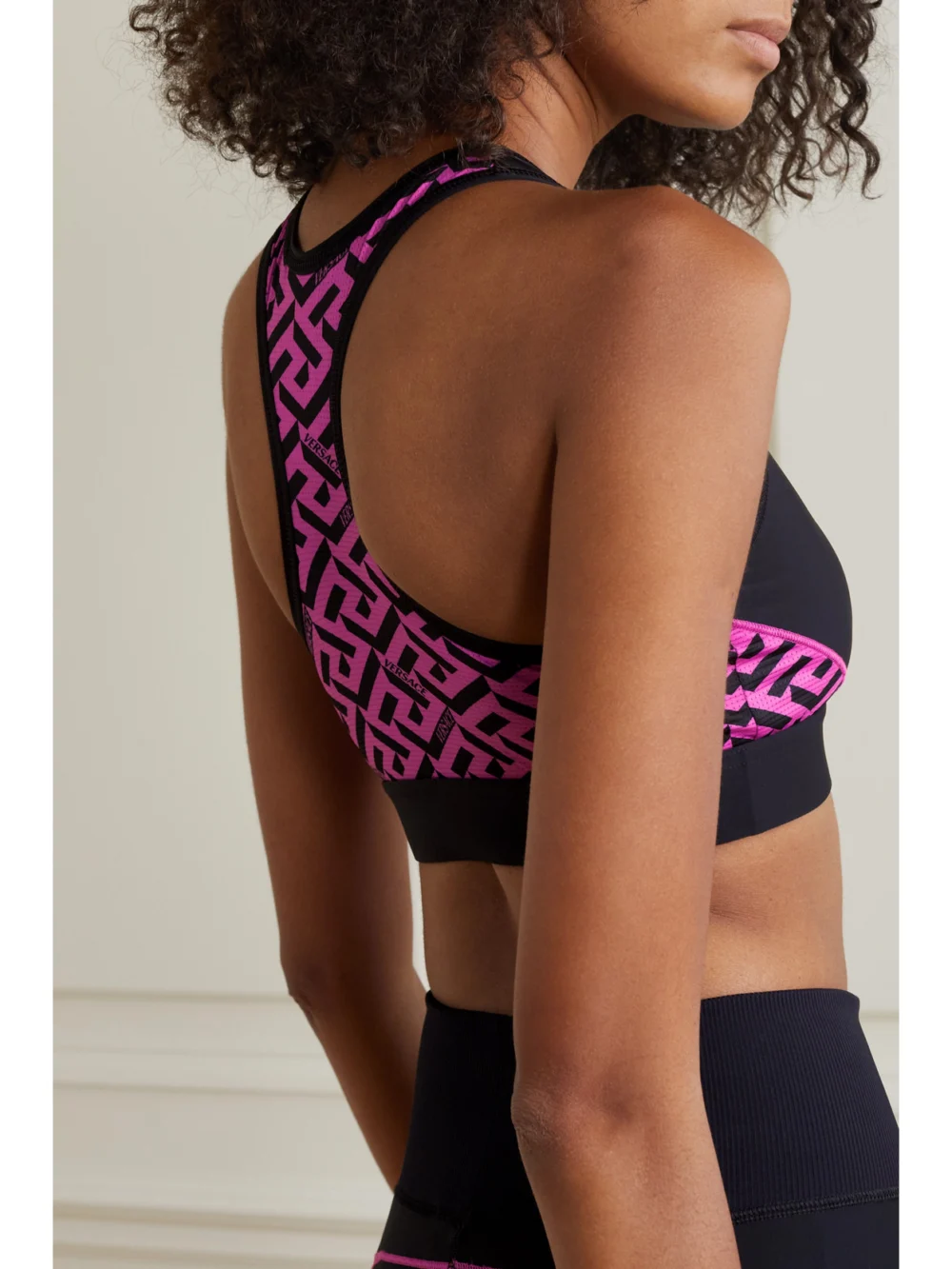 Back view of the Versace La Greca Printed Stretch Sports Bra