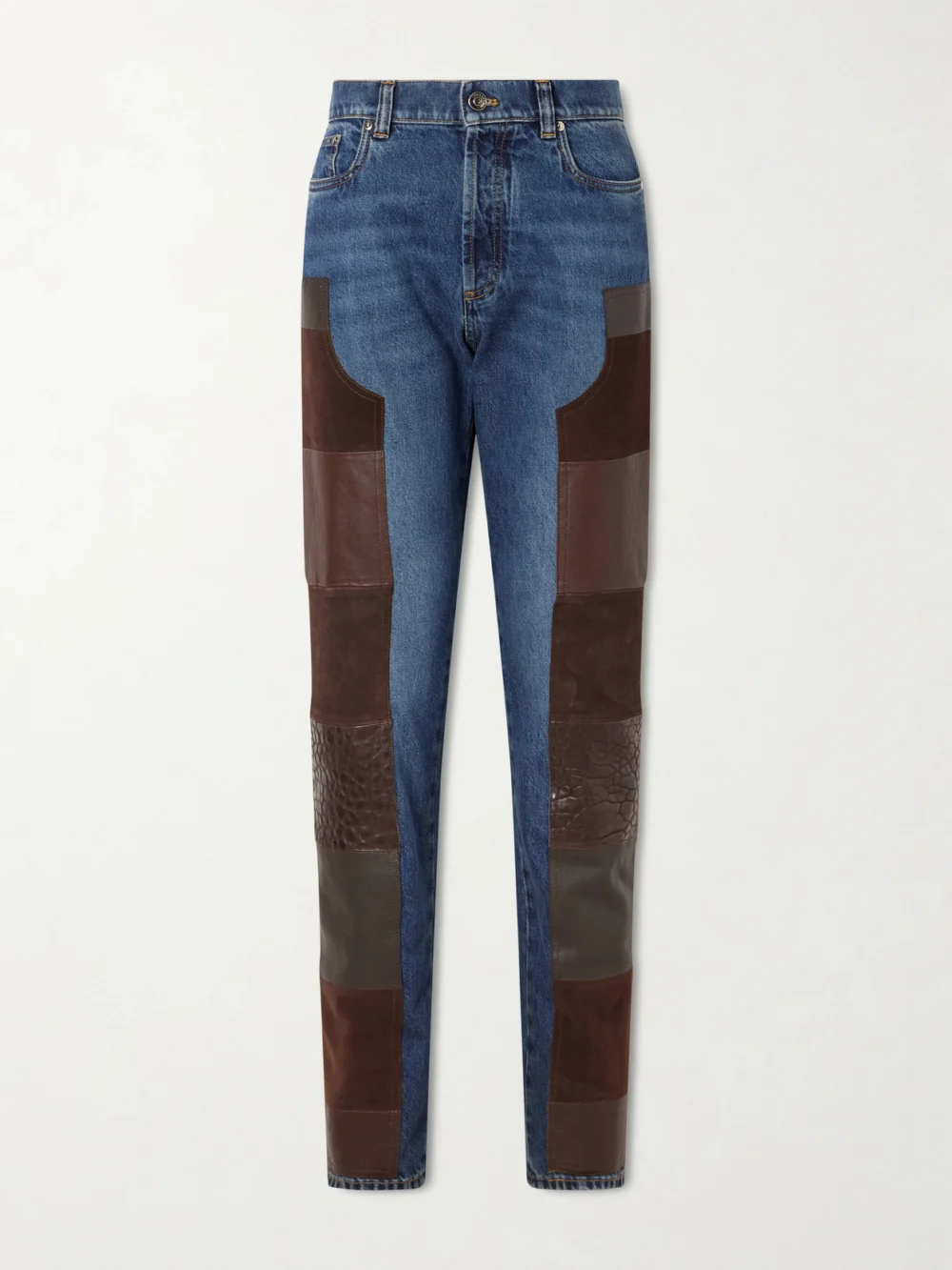 Versace Leather-trimmed Mid-waist Straight-leg Jeans in dark denim