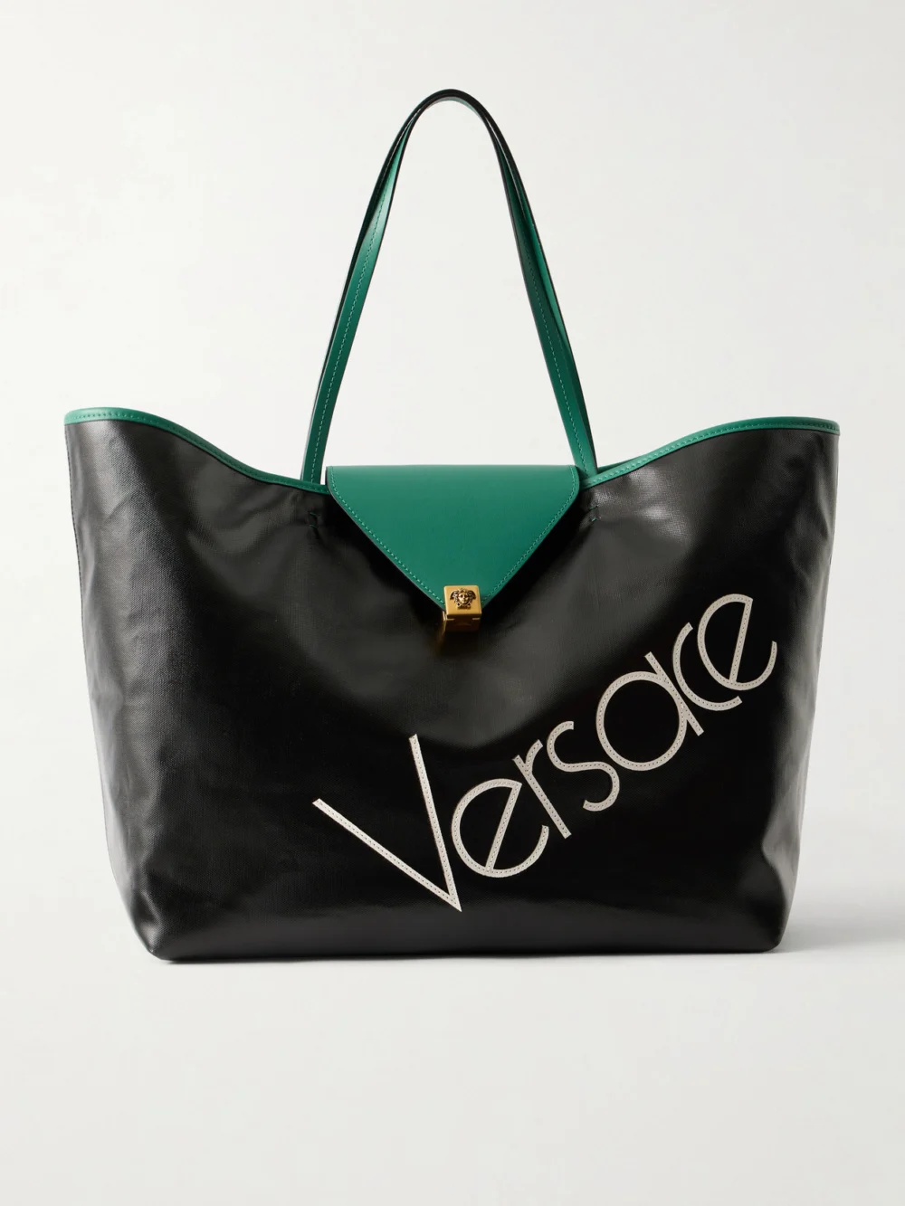 Versace Logo-appliquéd Leather-trimmed Coated-canvas Tote in black