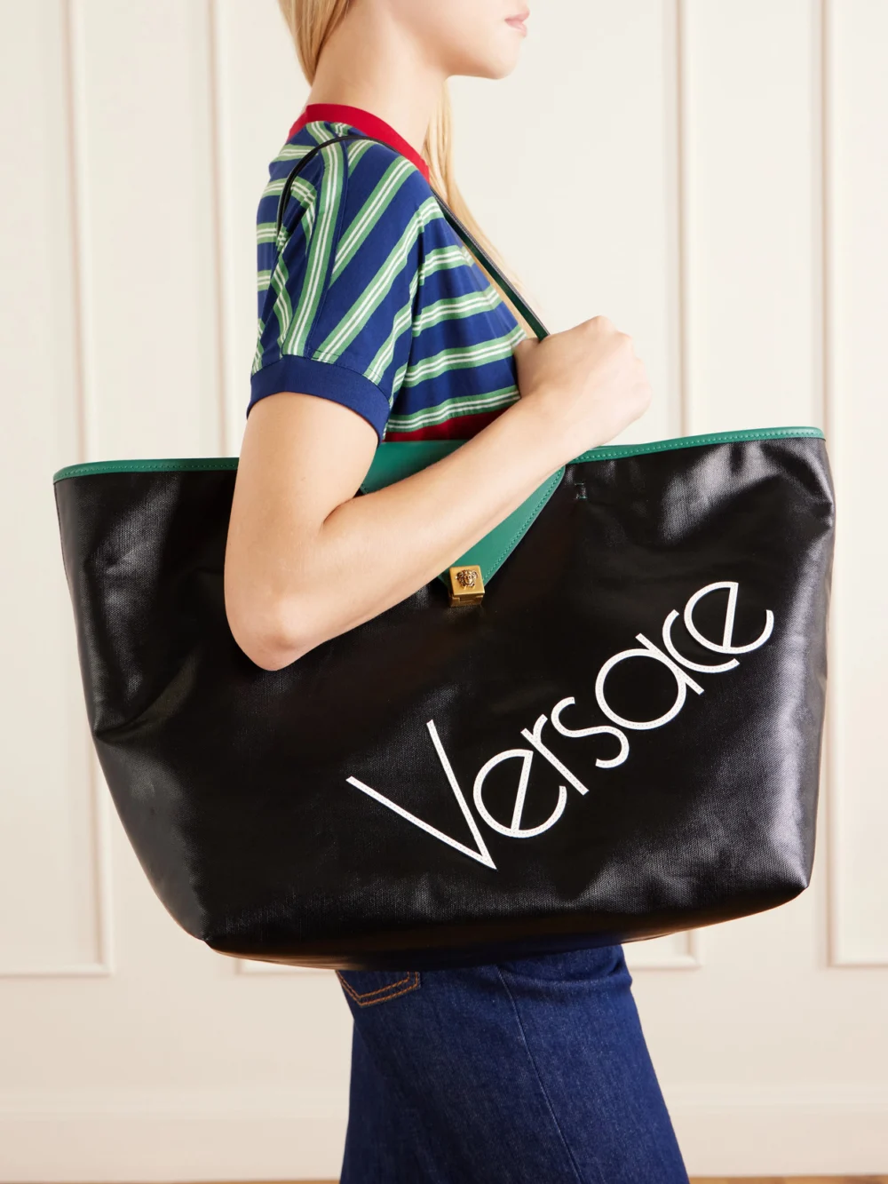 Versace Logo-appliquéd Leather-trimmed Coated-canvas Tote, styled view