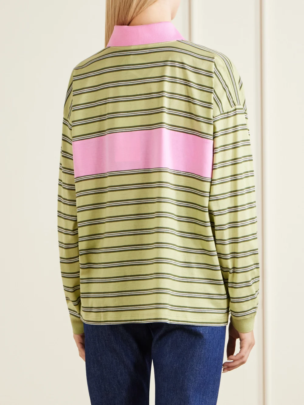 Back view of the Versace Logo-embroidered Striped Cotton-jersey Polo Shirt