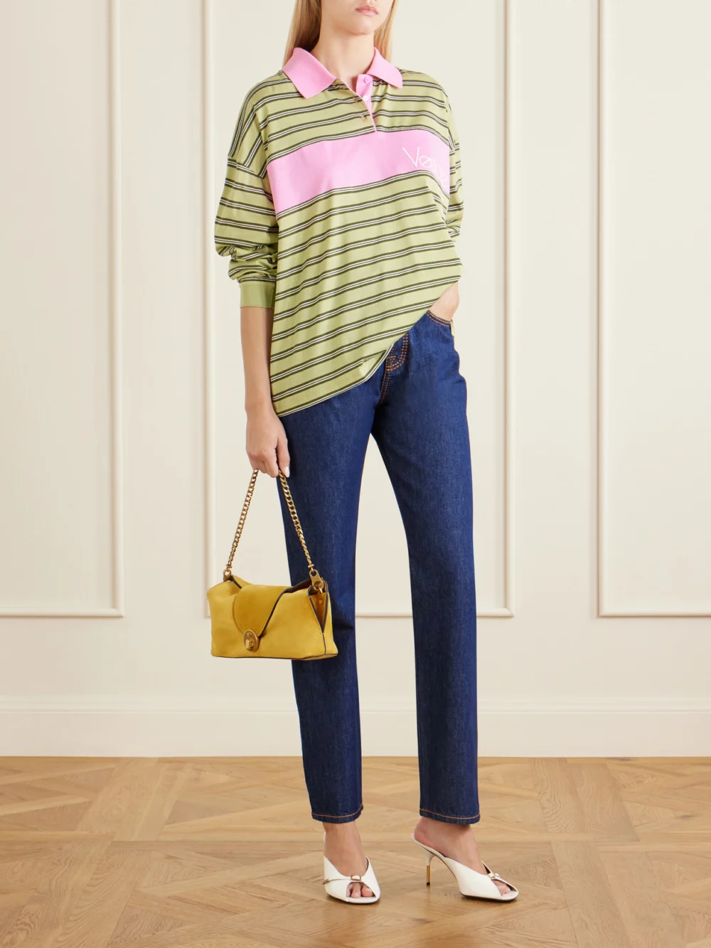 Versace Logo-embroidered Striped Cotton-jersey Polo Shirt, worn by a model