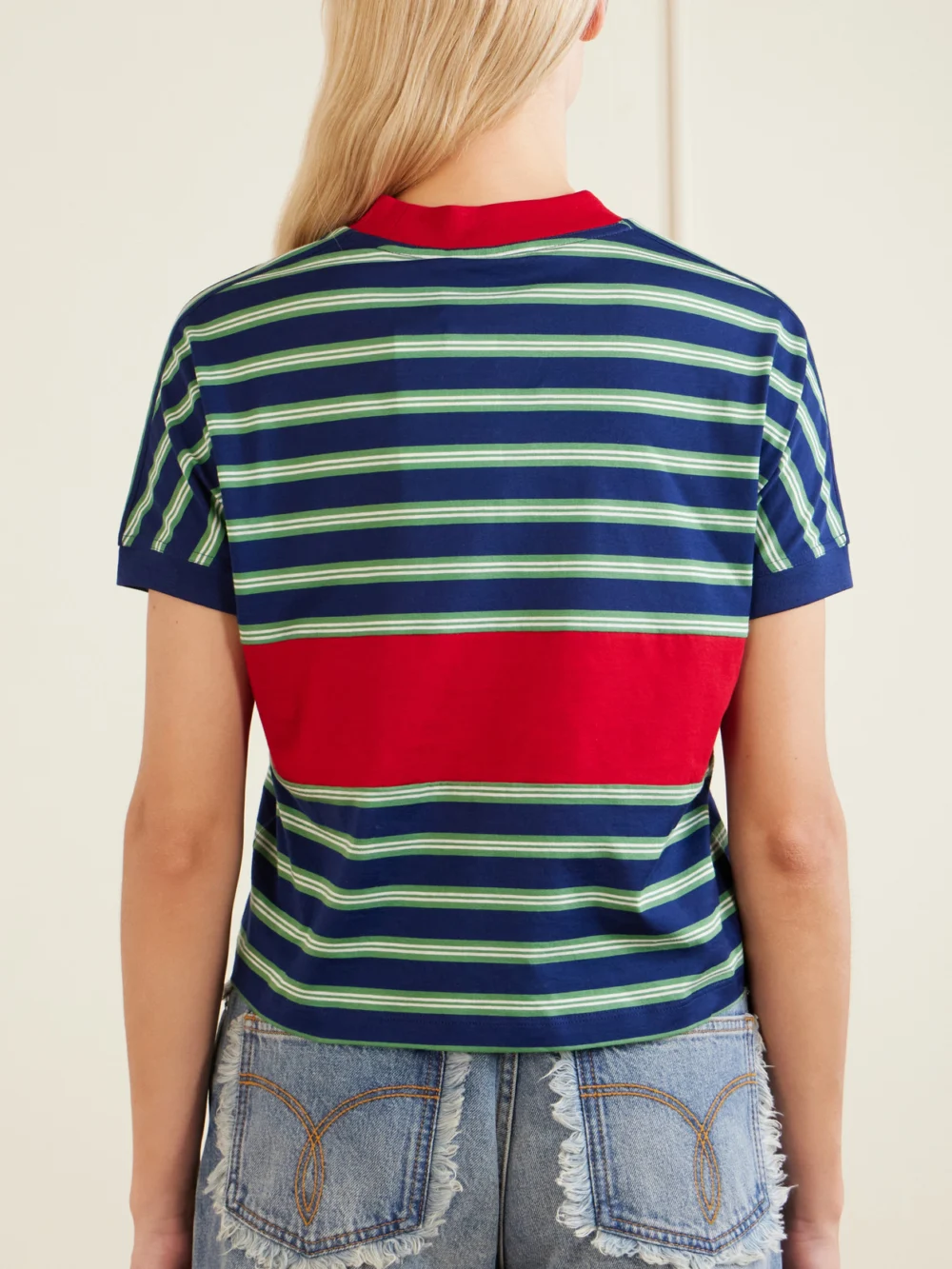 Back view of the Versace Logo-embroidered Striped Cotton-jersey T-shirt