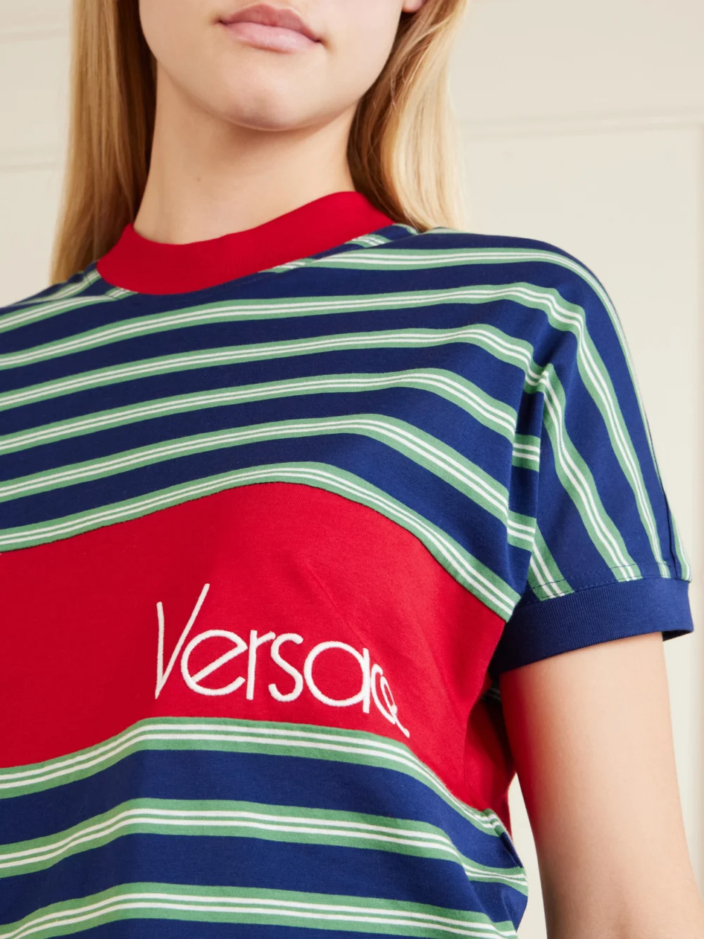Close-up detail of the Versace Logo-embroidered Striped Cotton-jersey T-shirt